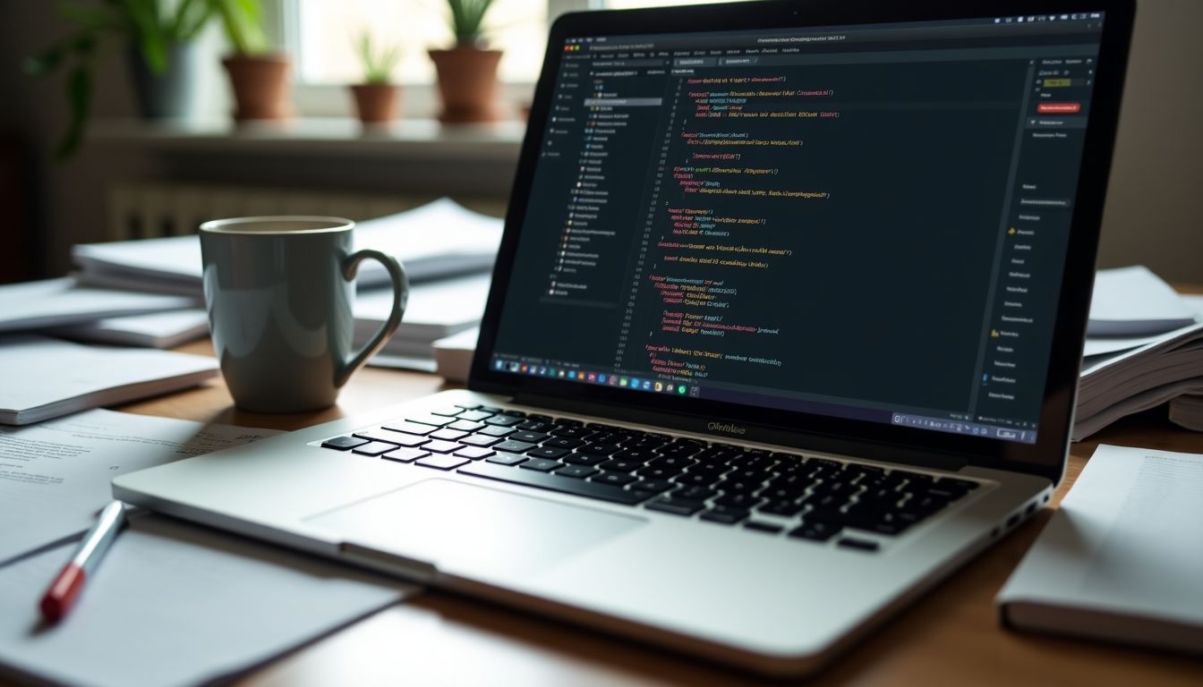 A messy desk with open laptop displaying Python code and scattered papers.