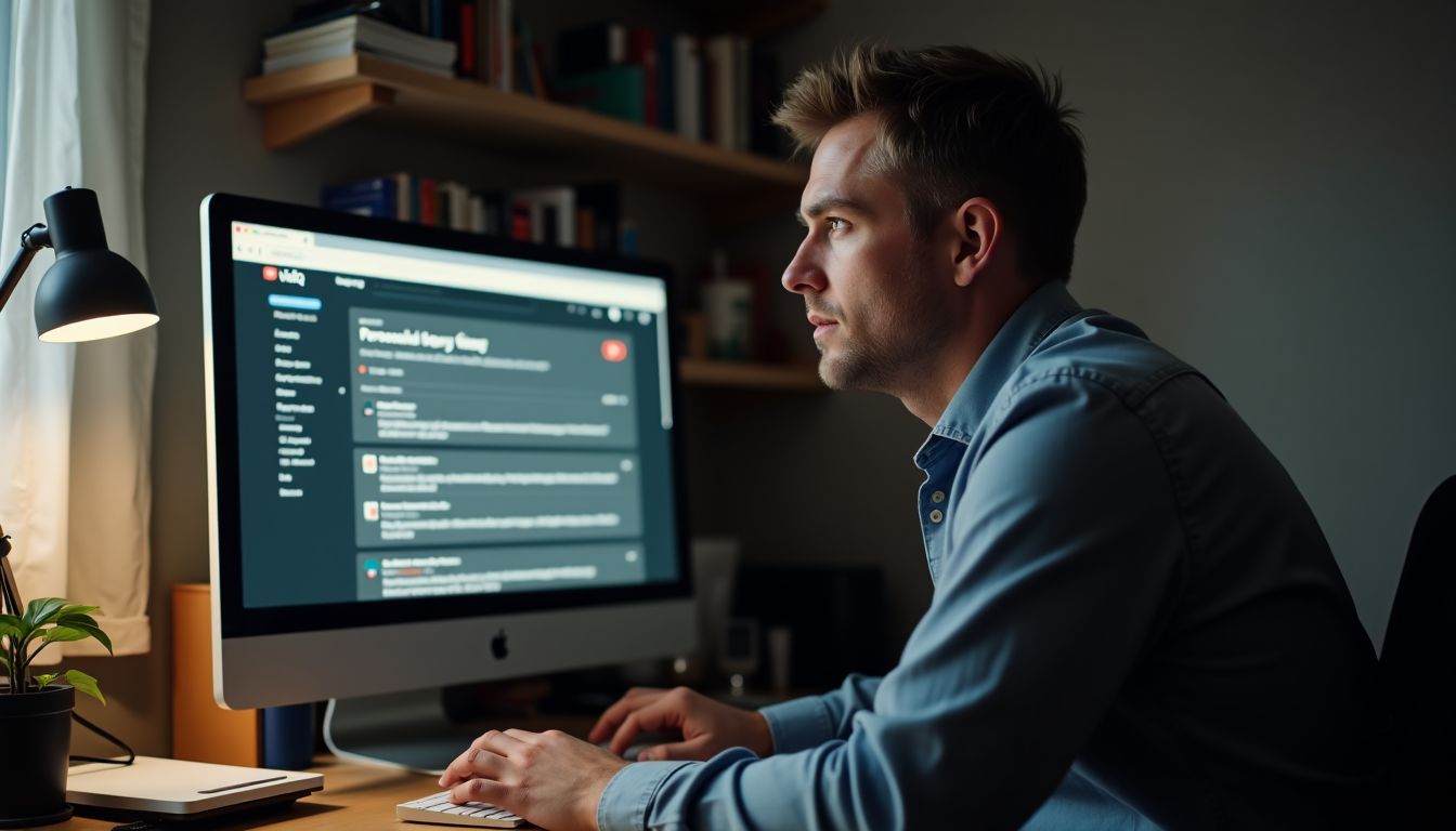 A man is sitting at a messy desk in his home office.