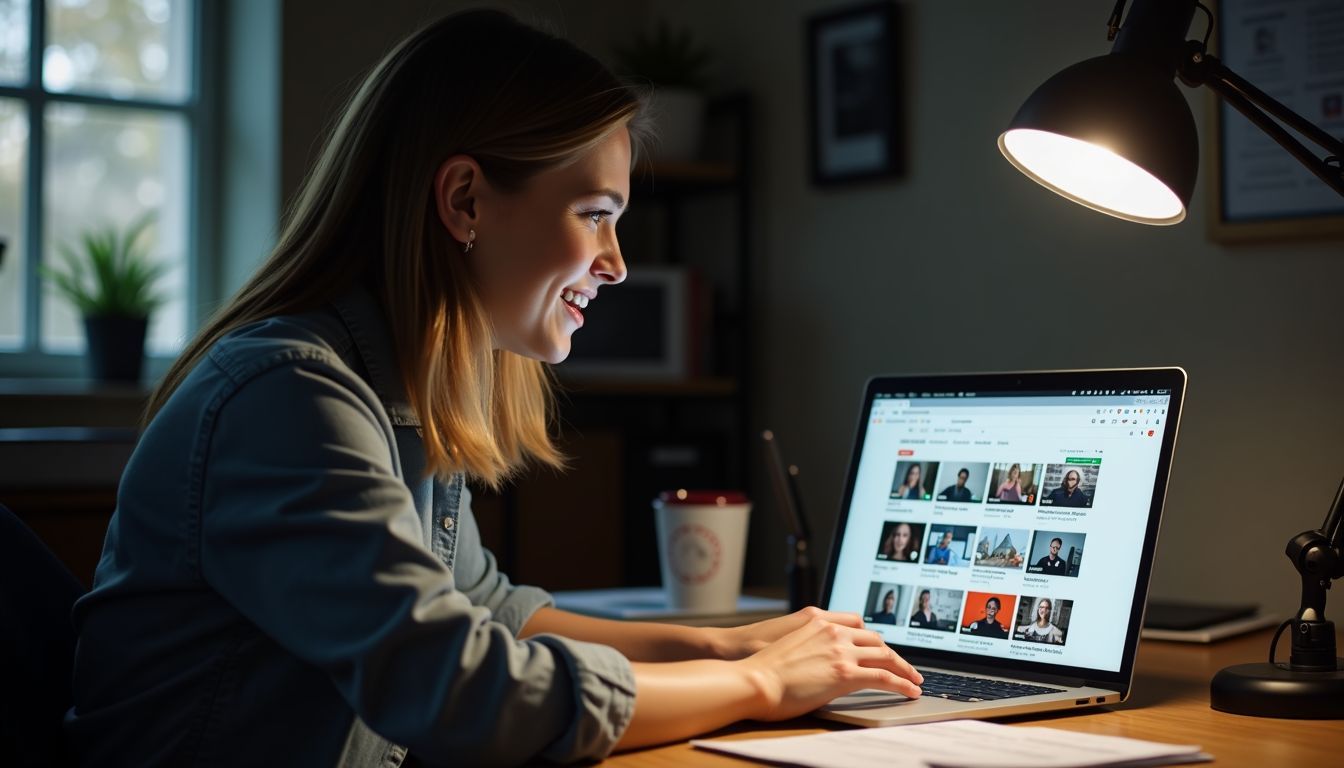 A woman in her 20s is sitting at a messy desk with an open laptop, looking excited and inspired.