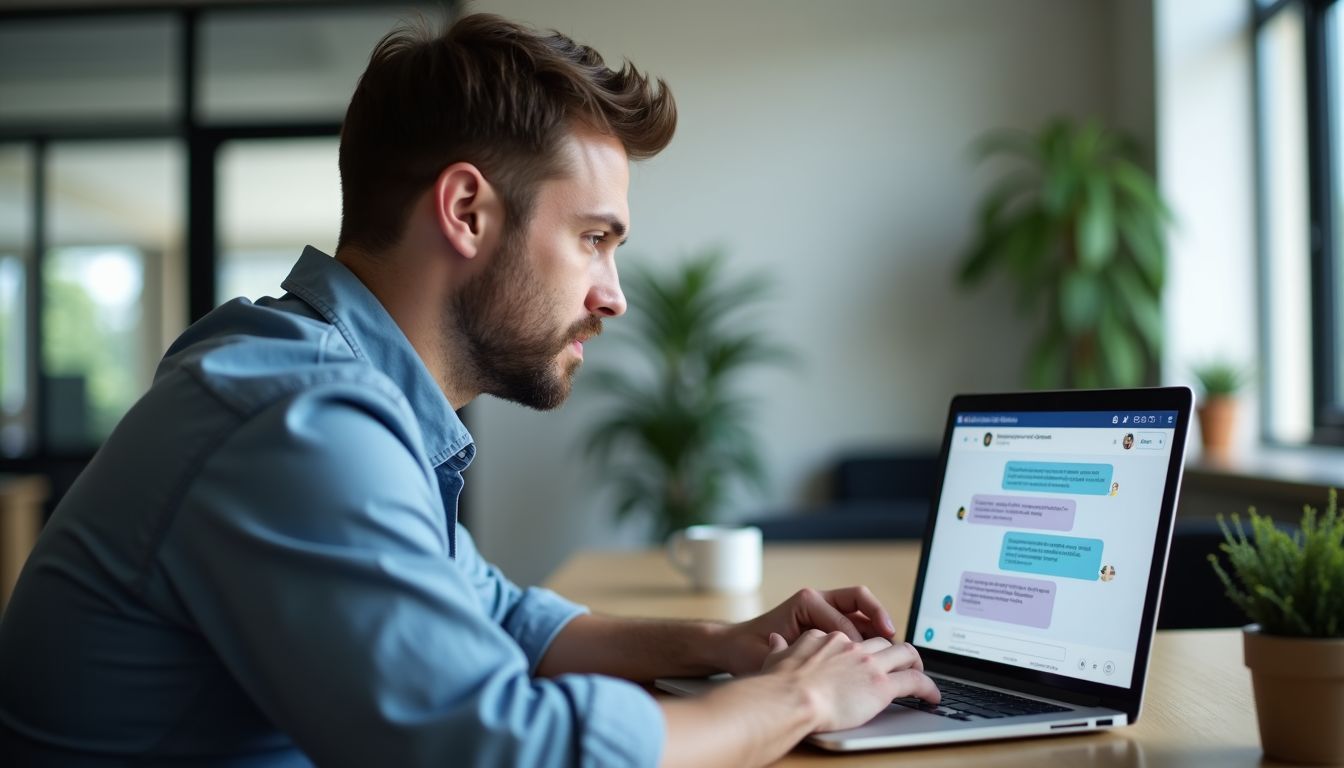 A male business owner uses a chatbot to manage appointments and inquiries.