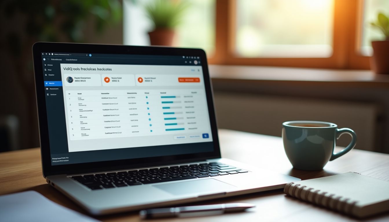 A cozy home office with an open laptop and VidIQ tools.