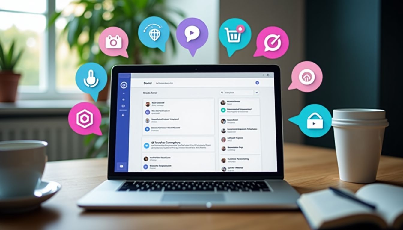 A laptop displaying a user-friendly Manychat interface with marketing tool icons. A laptop displaying a user-friendly Manychat interface with marketing tool icons.