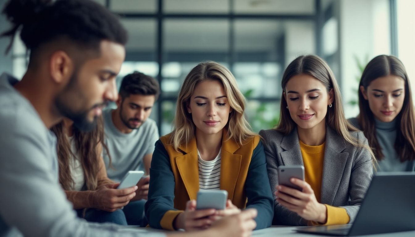 A diverse group of professionals using voice chatbots in a modern office.