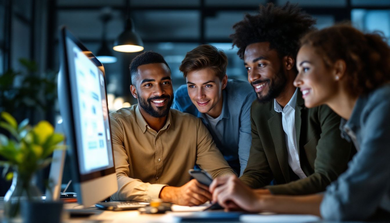 Diverse professionals collaborate around a computer displaying a chatbot.