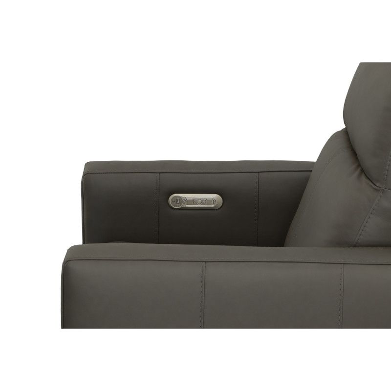 USB charging ports on interior of each arm rest with controls for reclining mechanism and neck support.