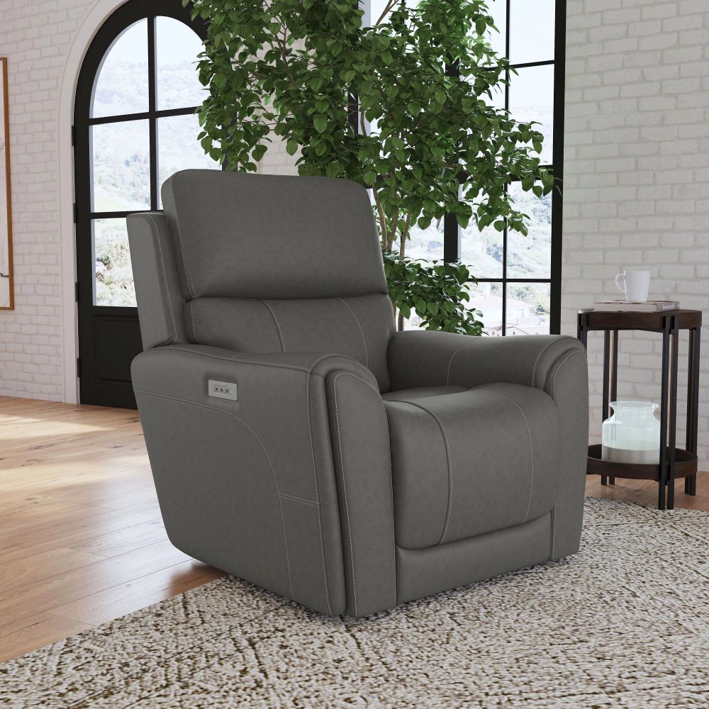 Flexsteel Carter Power Recliner with Smoke fabric in living room with white brick