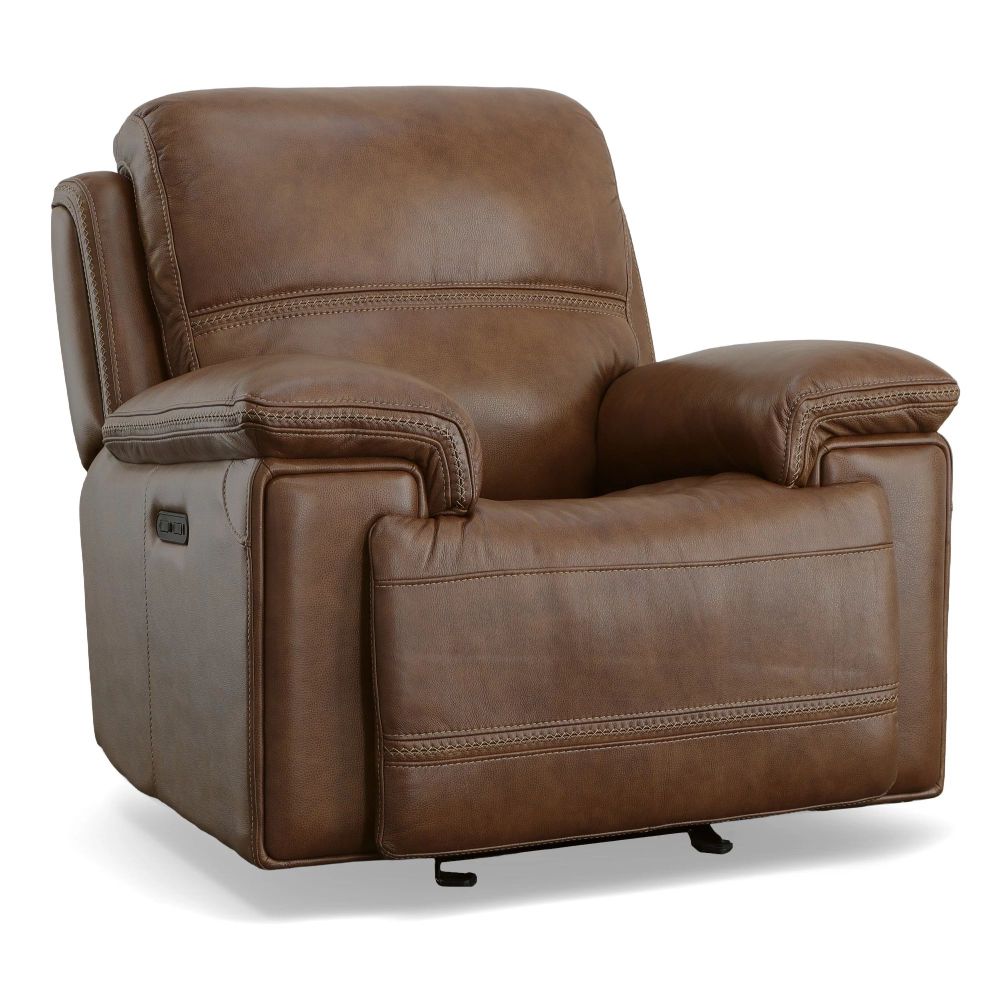 Flexsteel Fenwick recliner with light brown leather and exposed stitching.