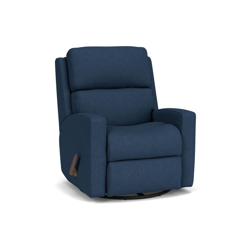 Flexsteel Catalina recliner with blue performance fabric and manual recliner arm on side of chair.