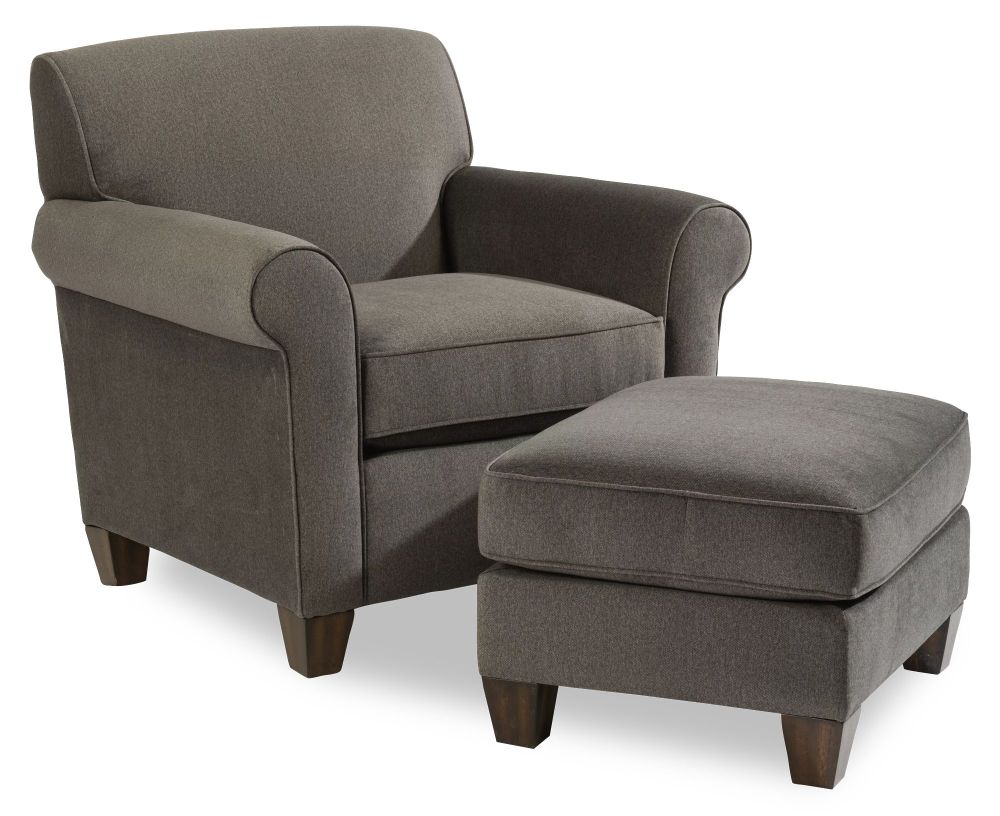 Flexsteel Dana chair and ottoman with dark neutral fabric.