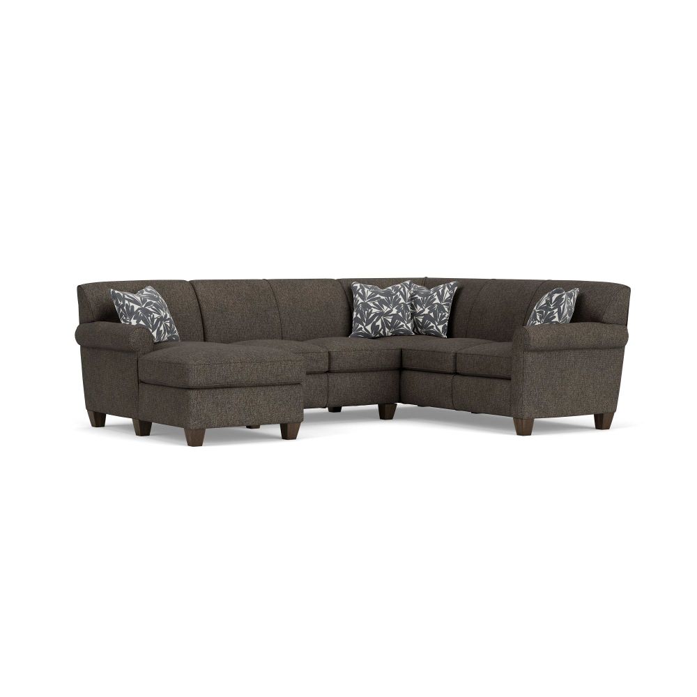 Flexsteel Dana sectional with dark performance fabric and 4 pillows.