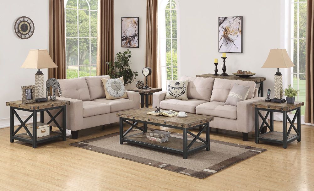 Light grey Flexsteel Carpenter Collection pieces in a neutral living room with large windows.