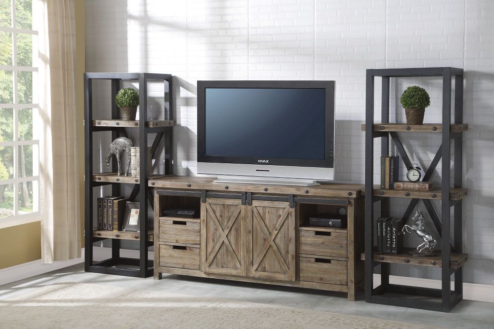 Flexsteel Carpenter TV stand and open shelves pieces in light grey.