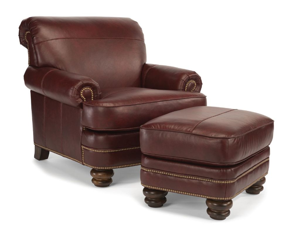 Flexsteel custom leather Bay Bridge chair and ottoman. Nailhead and top grain leather.
