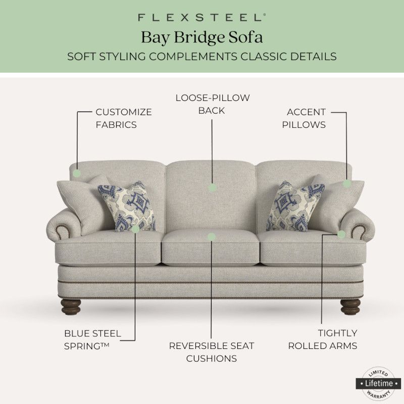 Flexsteel Bay Bridge is available with Custom Fabrics, Accent Pillows, Tightly Rolled Arms and Loose Pillow back with Tight Top.