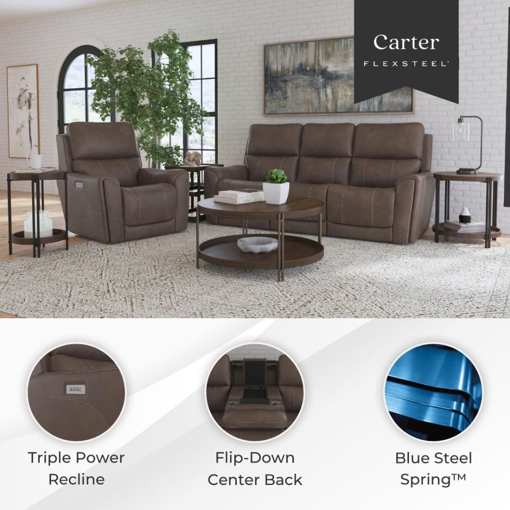 Power Recline, Blue Steel Spring and Flip Down Center Back on Sofa are features that make this group very comfortable