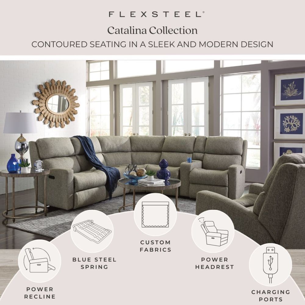 Flexsteel Catalina Sectional with custom fabrics, power recline, power headrest and usb charging ports in a living room by Mueller Furniture