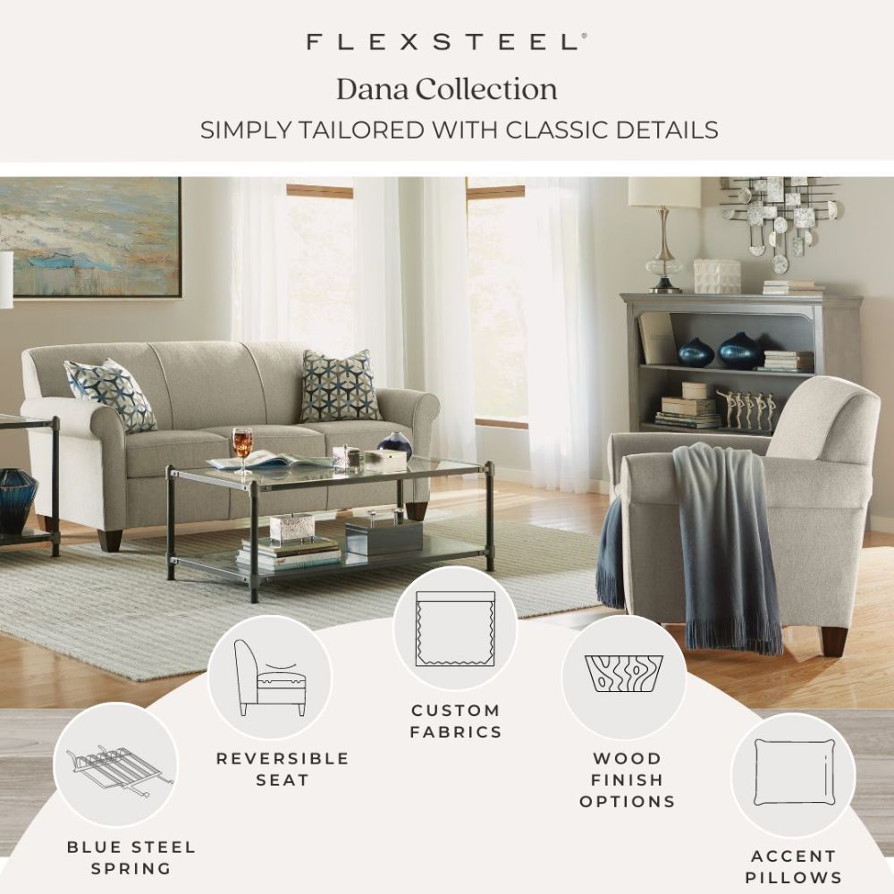 Flexsteel Dana features Blue Streel Spring Support, Reverseible Seat, Custom Fabric options and accent pillows