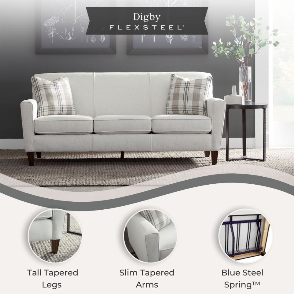 Flexsteel Digby features tall tapered legs, slim arms and blue steel spring support.