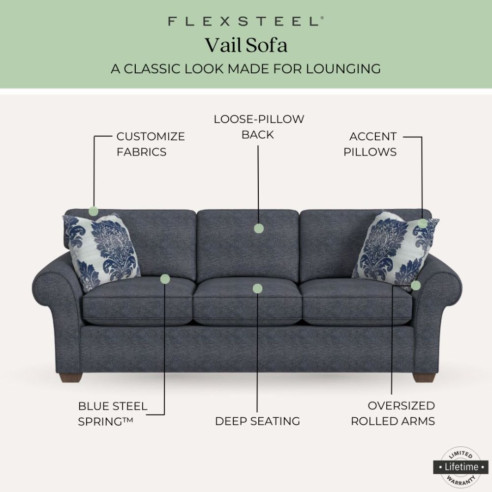 Flexsteel Vail Sofa with pillows info card. Lifetime Warranty