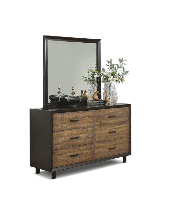 Flexsteel Alpine Collection dresser and mirror with walnut finish and birch veneers.