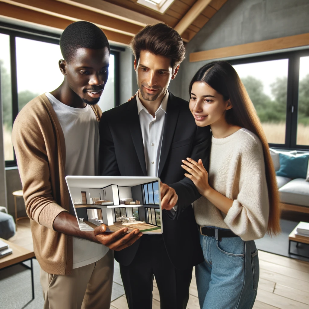 A space planner and a young Hispanic couple examining a 3D model of their home on a tablet in a newly constructed house. The house interior is spacious with large windows and contemporary decor. The space planner is a Black man in professional attire, showing different design options on the tablet. The couple is visibly excited, with the woman pointing at the screen and the man nodding in agreement.