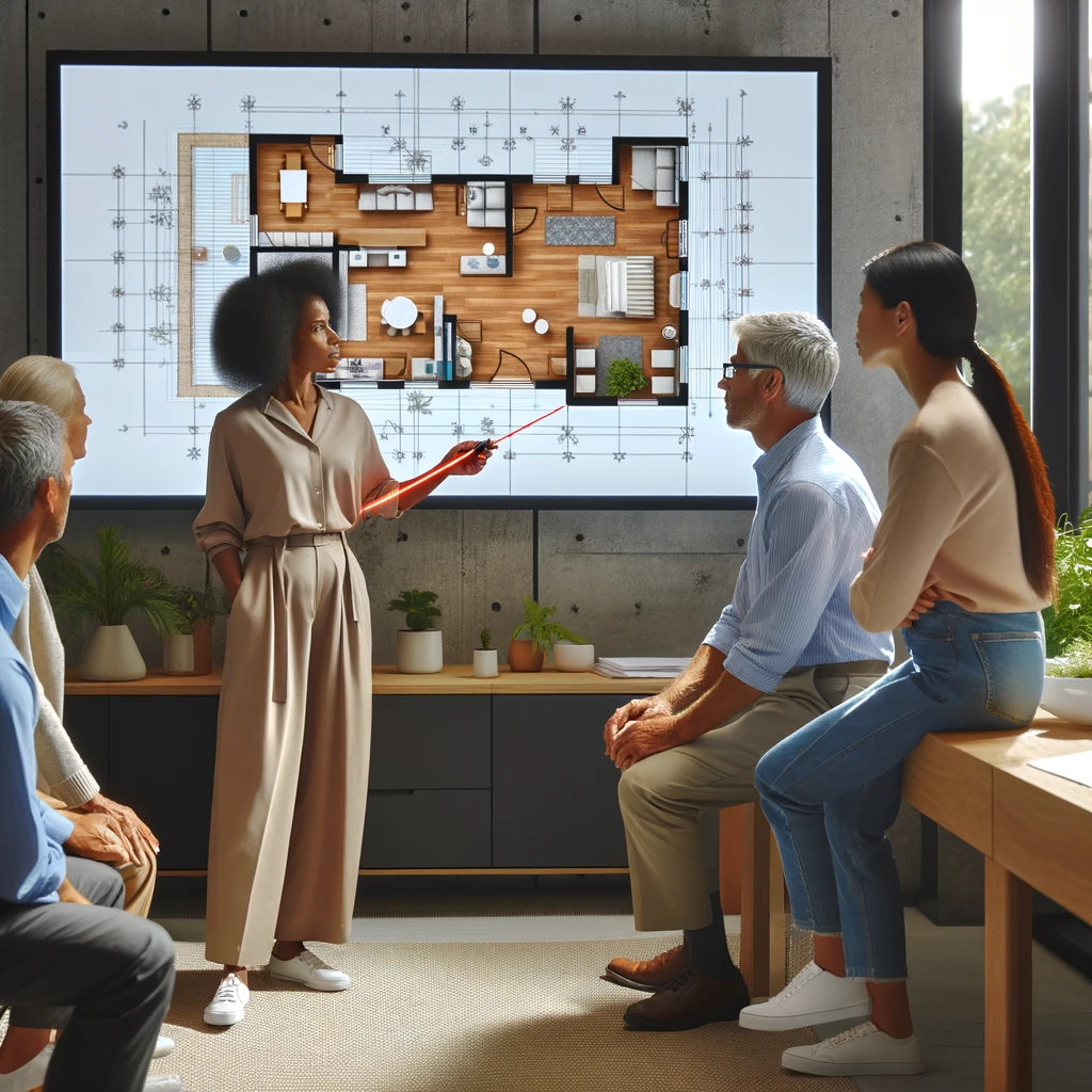 An interior designer, a middle-aged Black woman, presenting a digital floor plan on a large screen to a diverse group of clients in a modern office setting. The clients include a young Caucasian woman, an elderly Asian man, and a middle-aged Hispanic man. They are all focused on the screen, with the designer using a laser pointer to highlight different areas of the plan. The office is stylishly decorated with minimalist furniture and indoor plants.