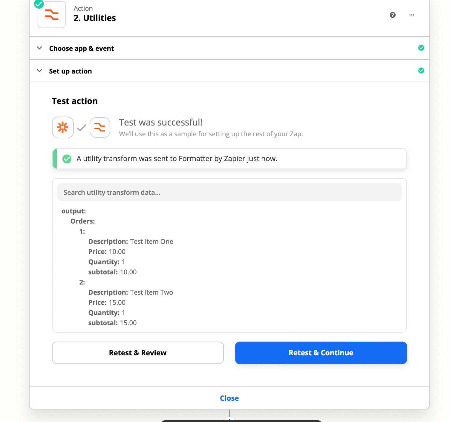 Zapier interface workflow test action screenshot