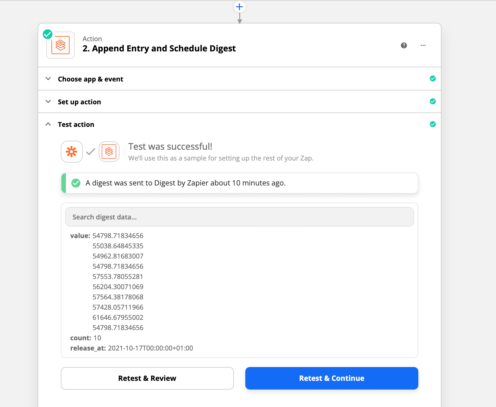 Zapier action trigger setup screenshot test action