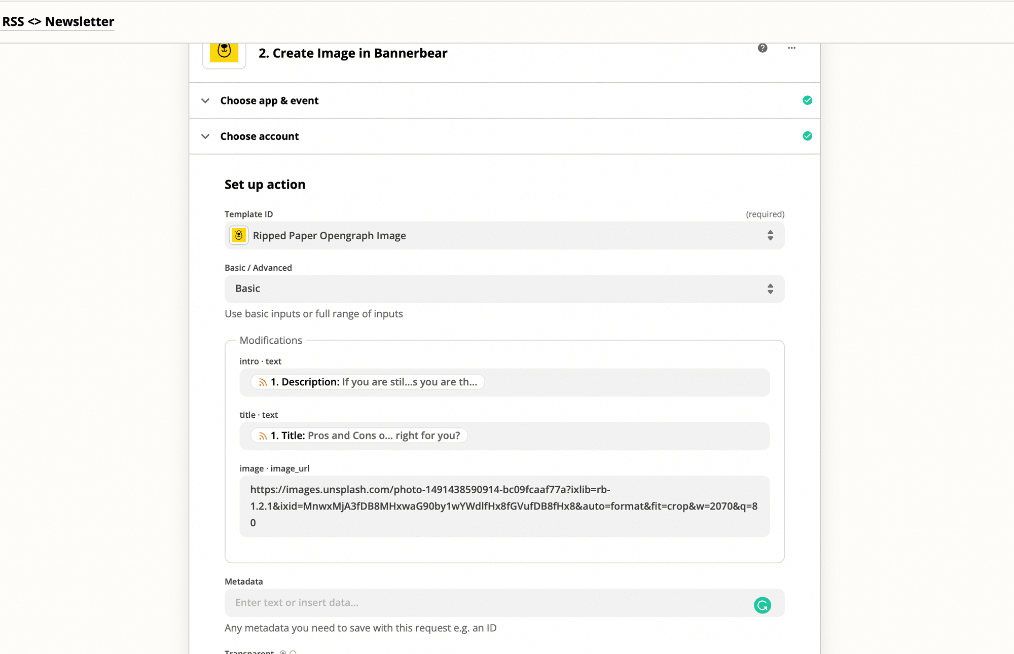 Screenshot of Zapier interface to set up Bannerbear action