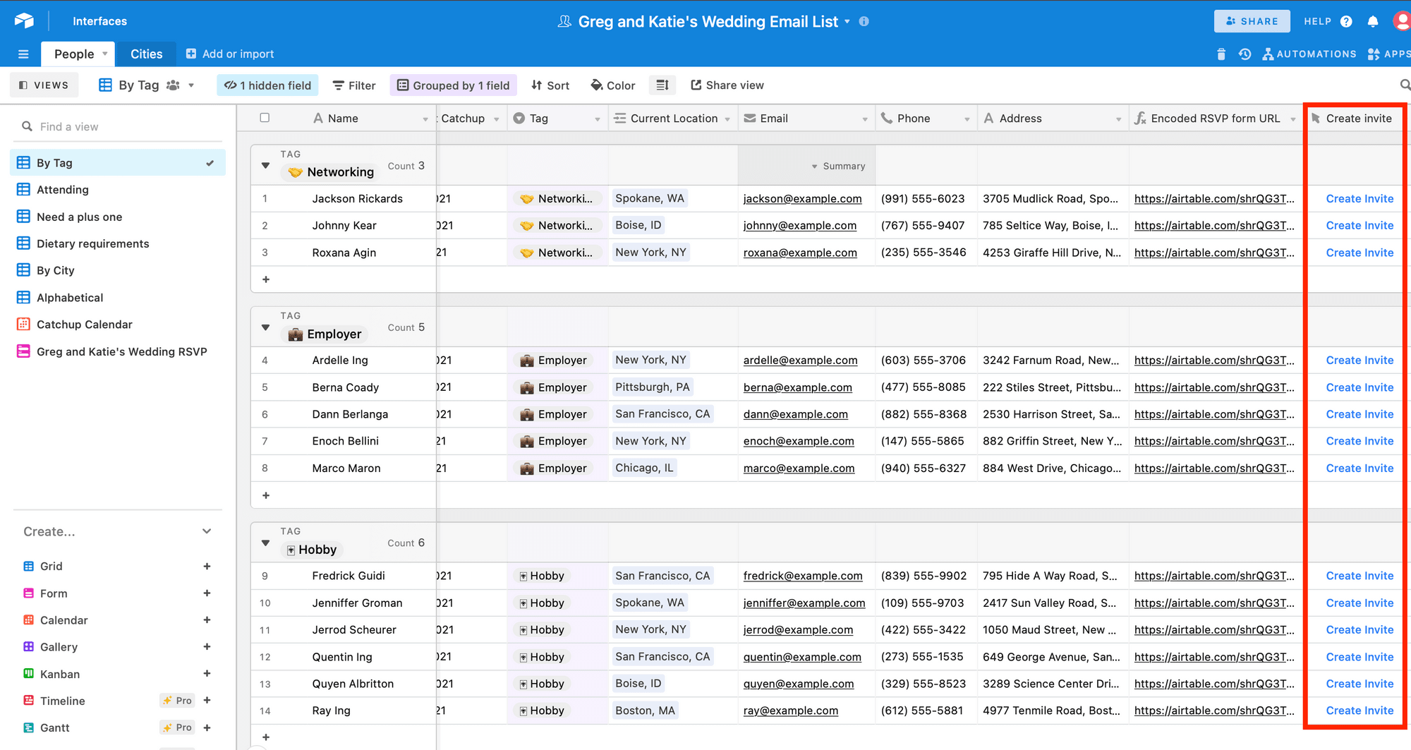 Screenshot of RSVP table Airtable