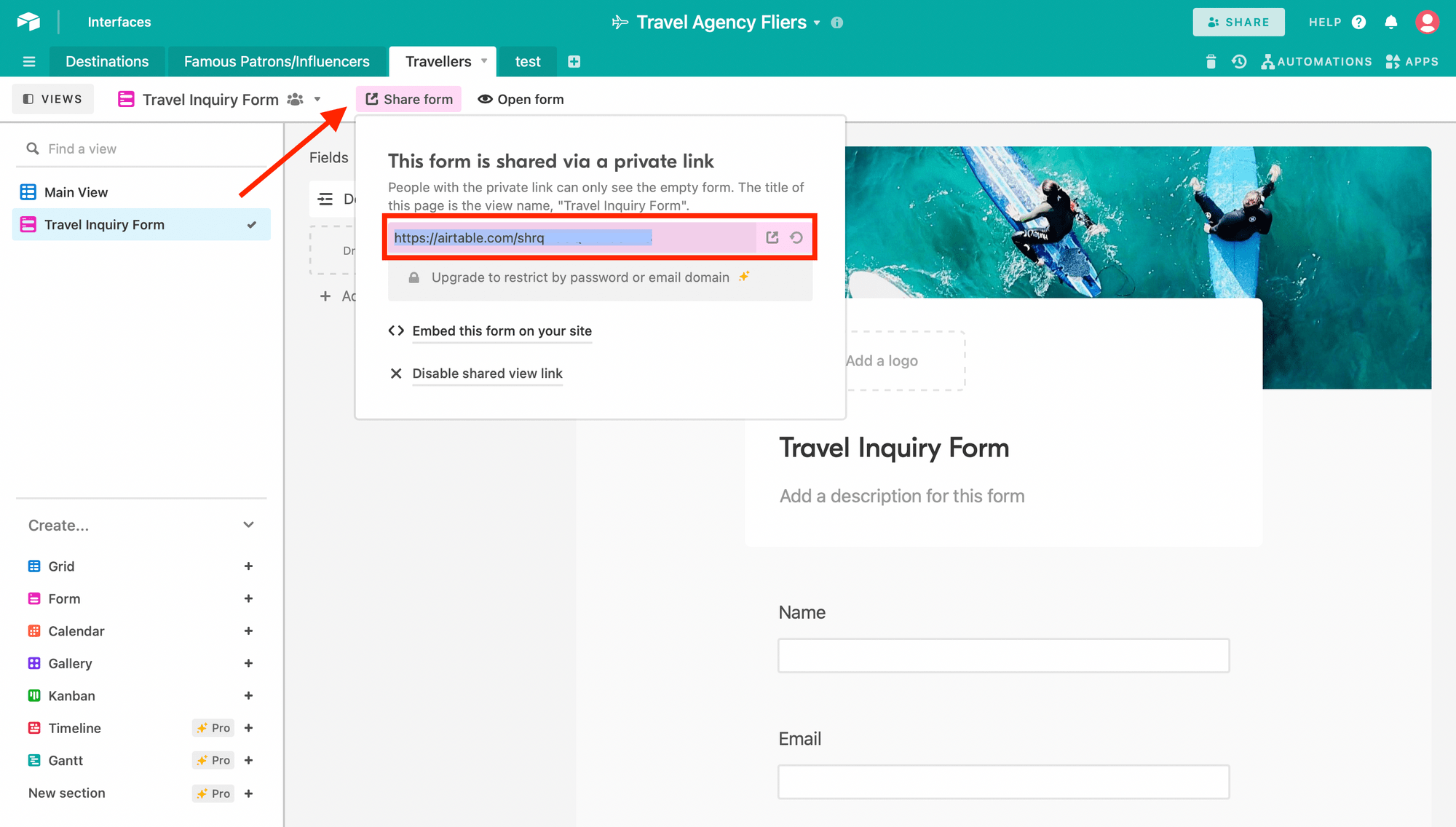 Screenshot to prefill travel inquiry form