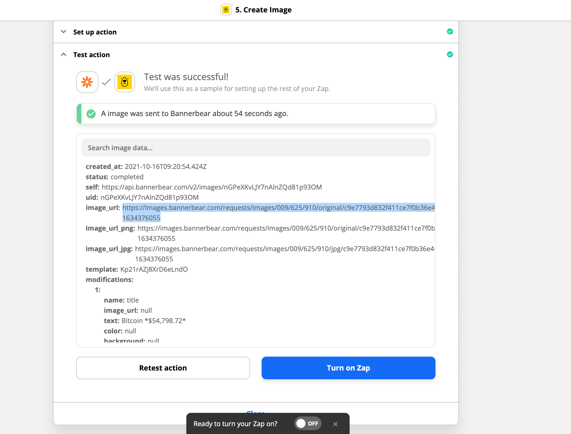 Zapier action trigger setup screenshot bannerbear