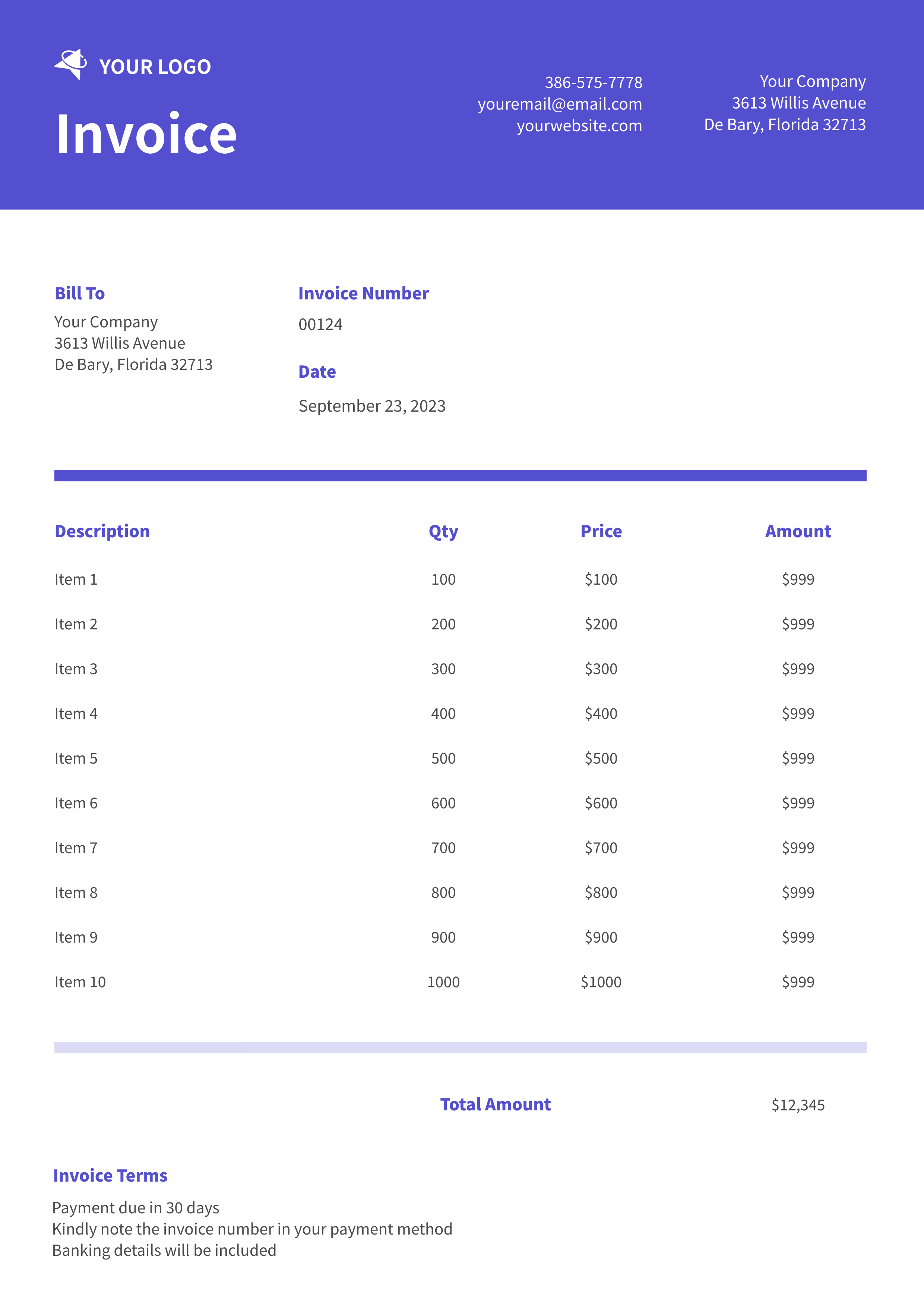 Bannerbear Invoice with Header template