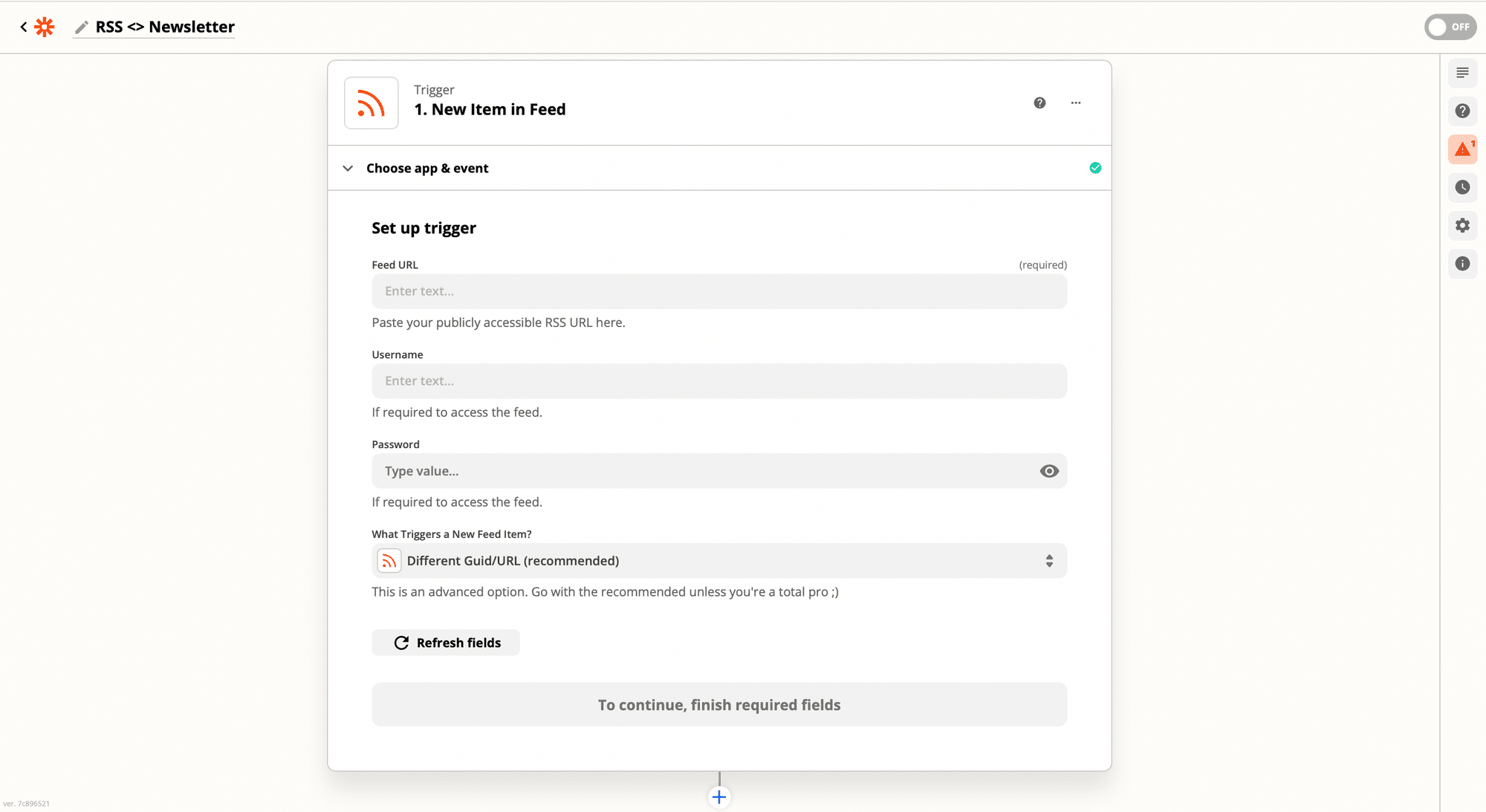 Zapier screenshot to paste publicly-accessible RSS feed