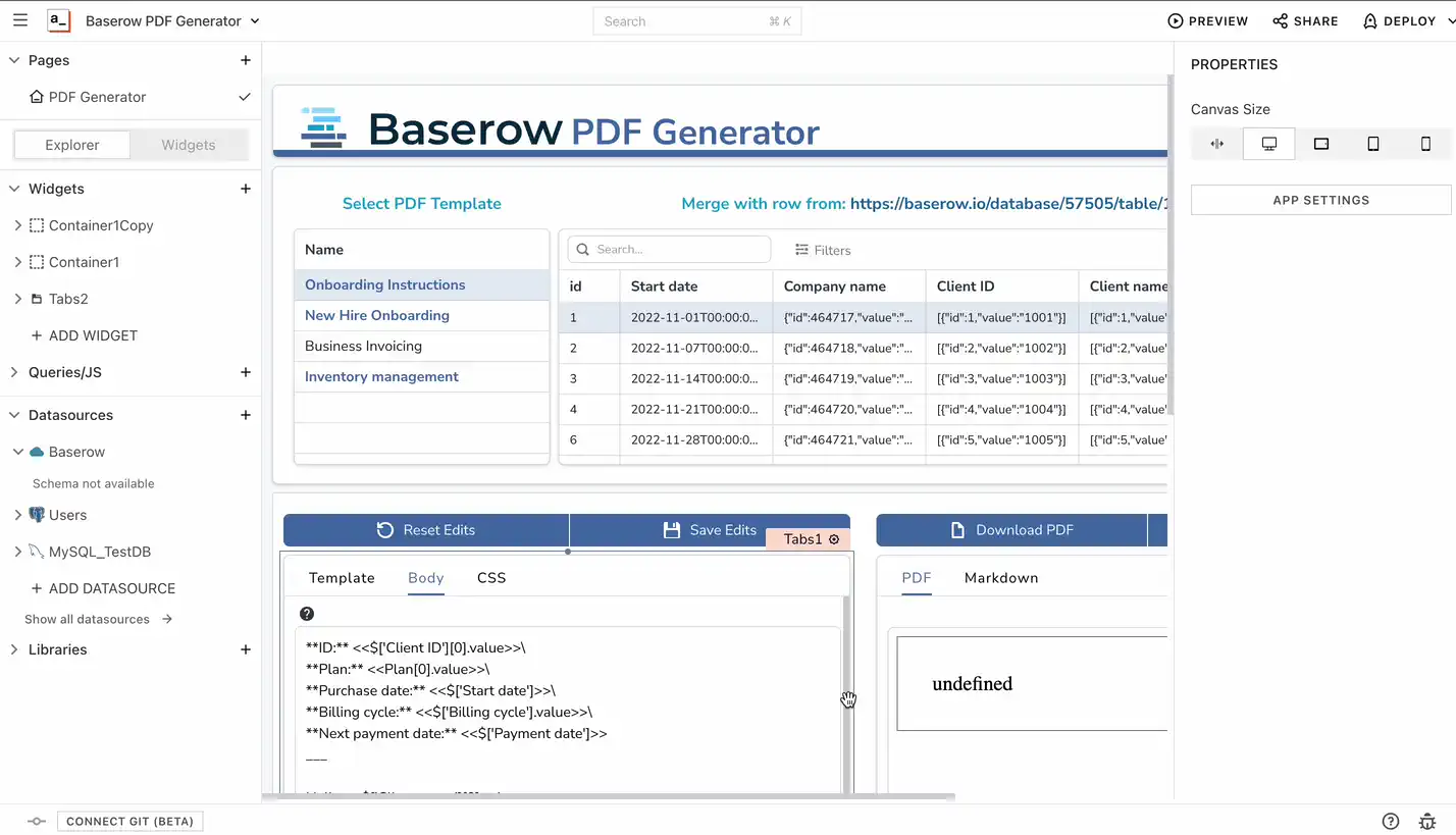 Add Baserow database token to Appsmith datasource