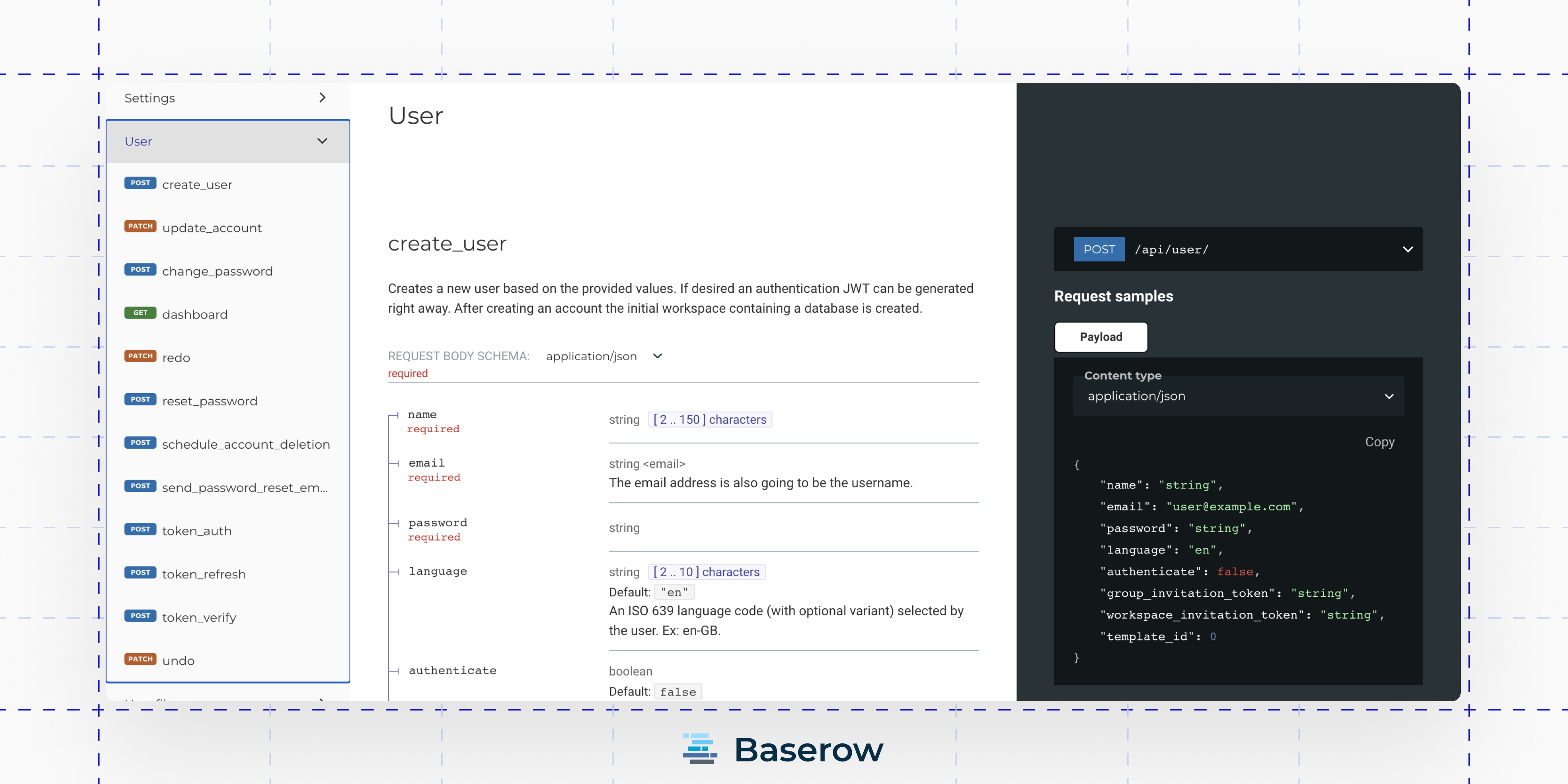 Screenshot of Baserow full spec API documentation