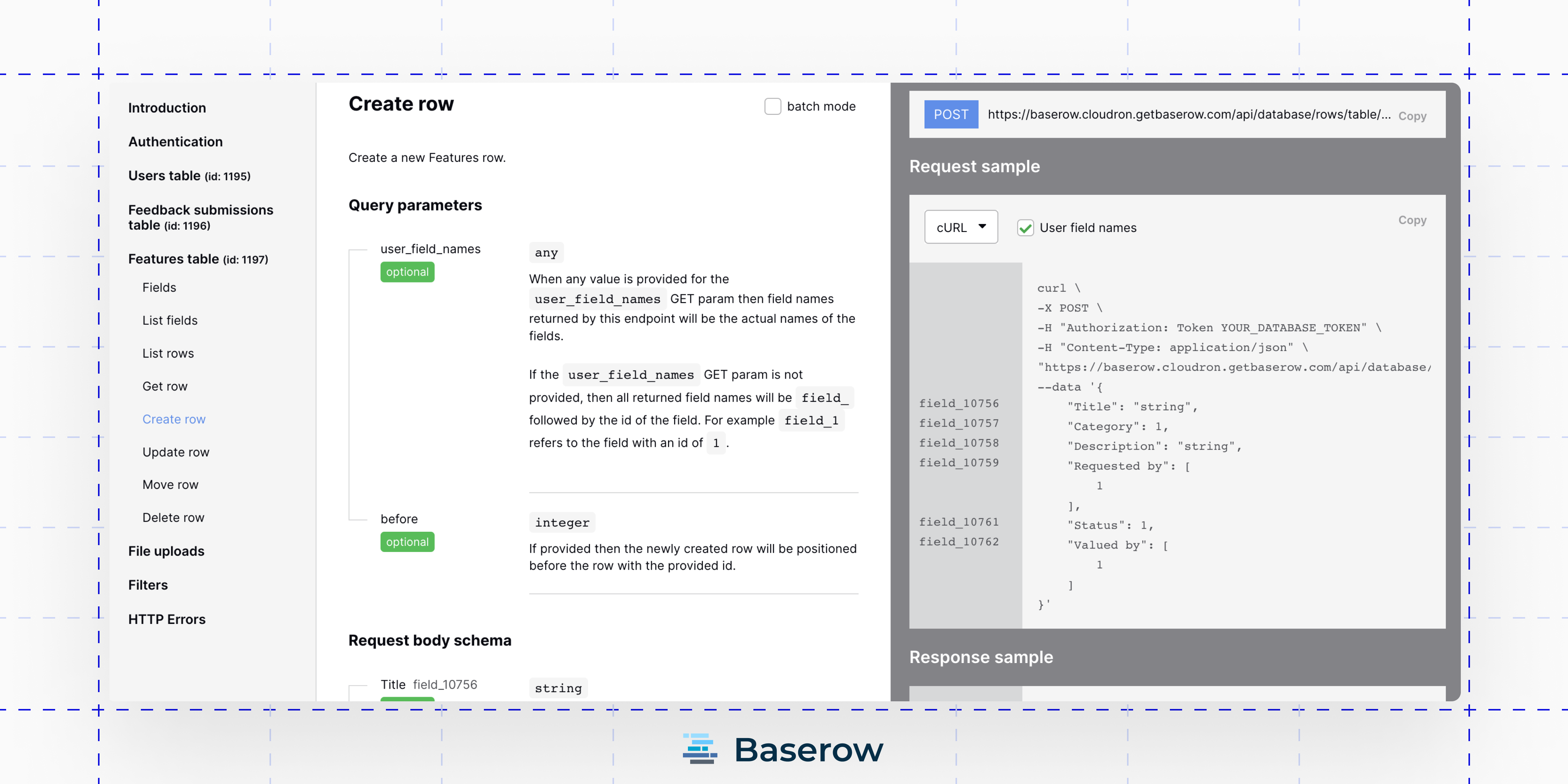 Screenshot of Baserow API documentation