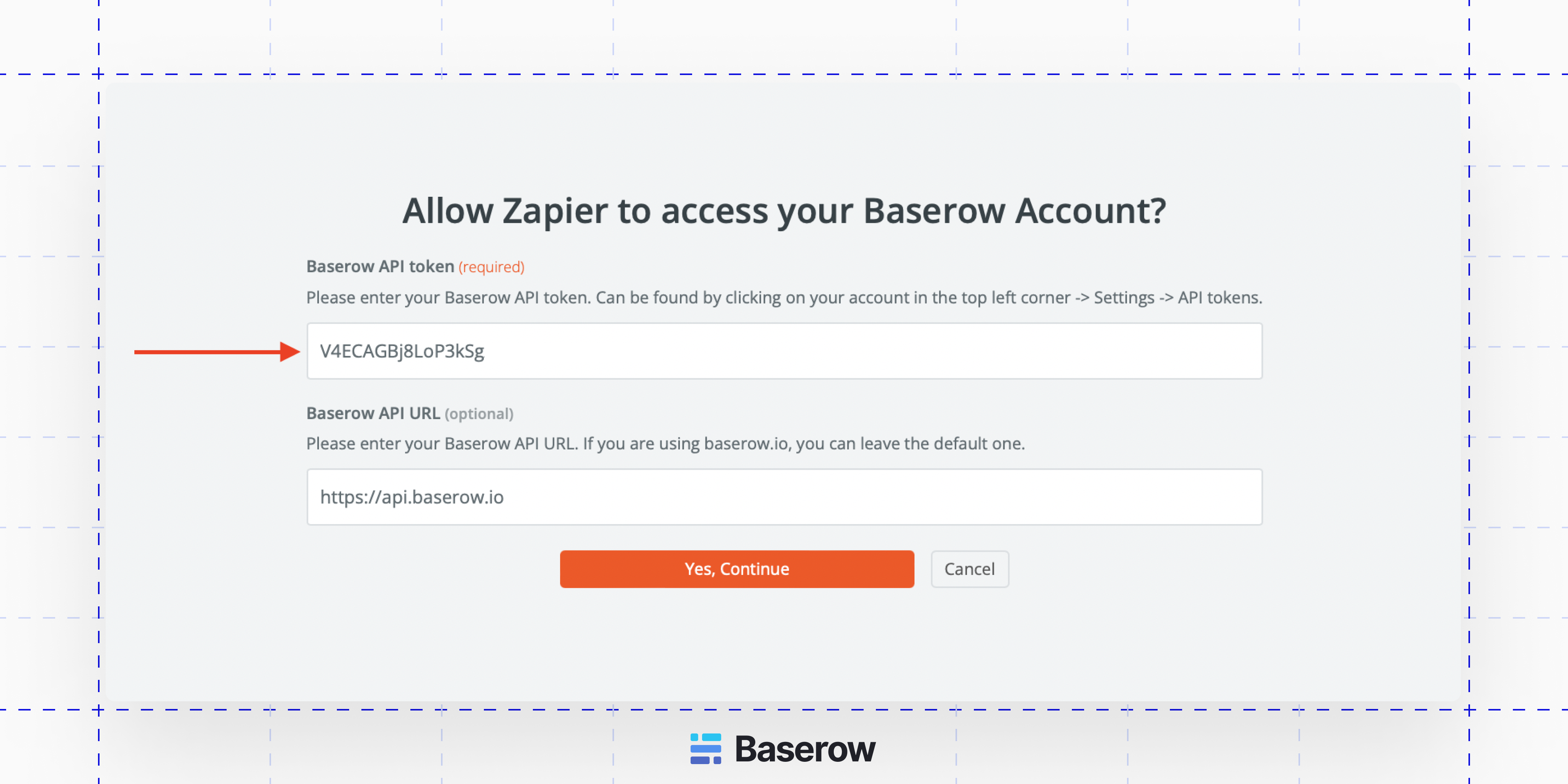 The screen that allows Zapier to access your Baserow account.