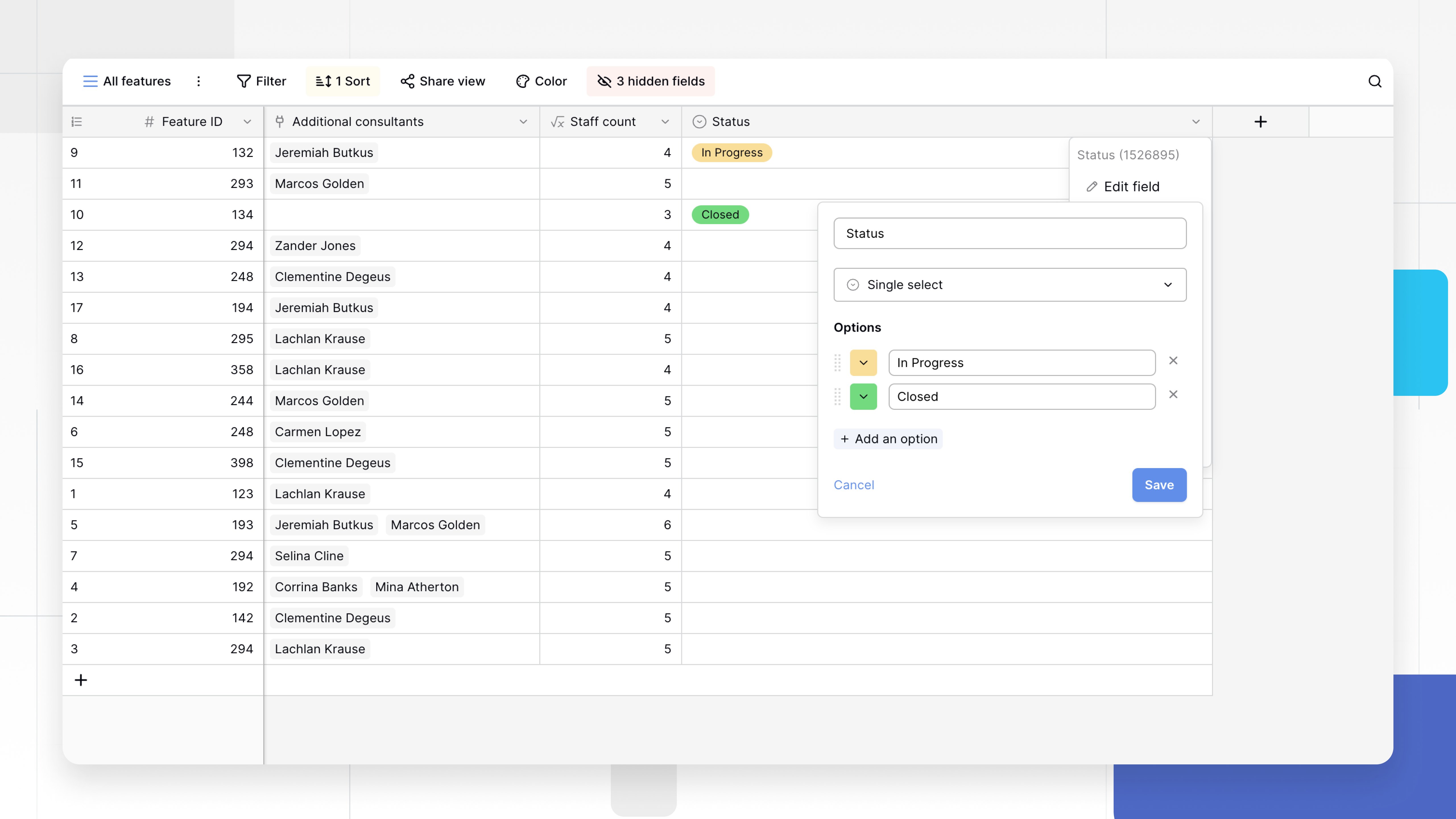Create a single select field in Baserow