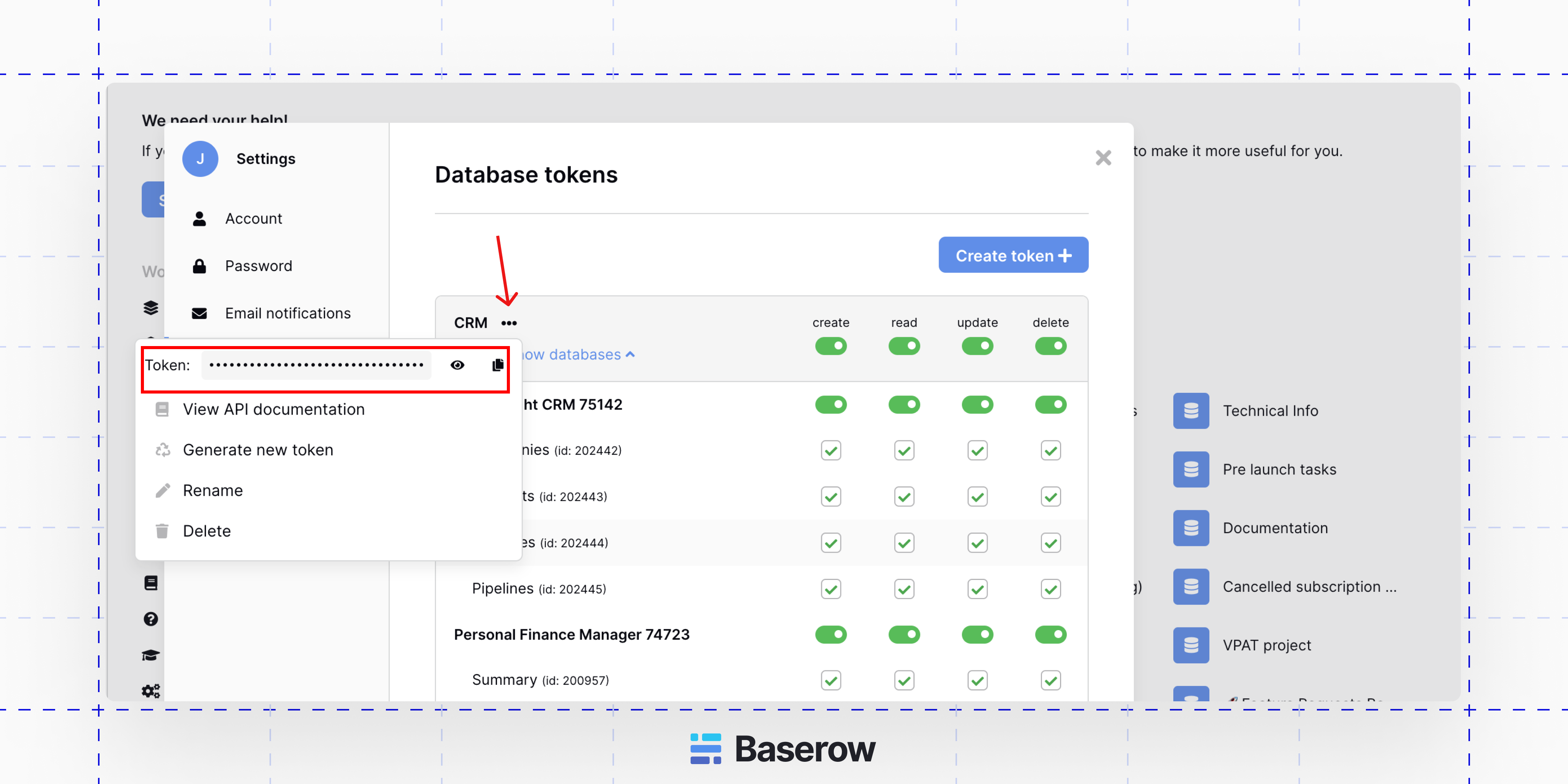 Creating the Baserow database tokens for authentication with Zapier and other third-party tools