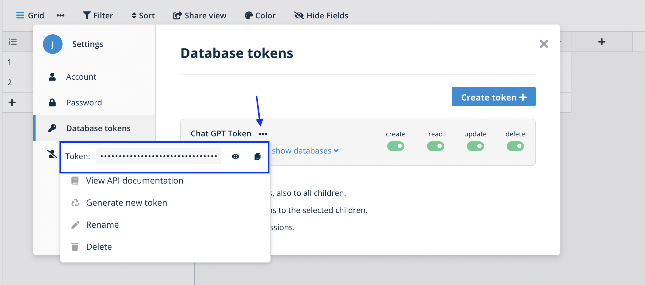 Create a database token