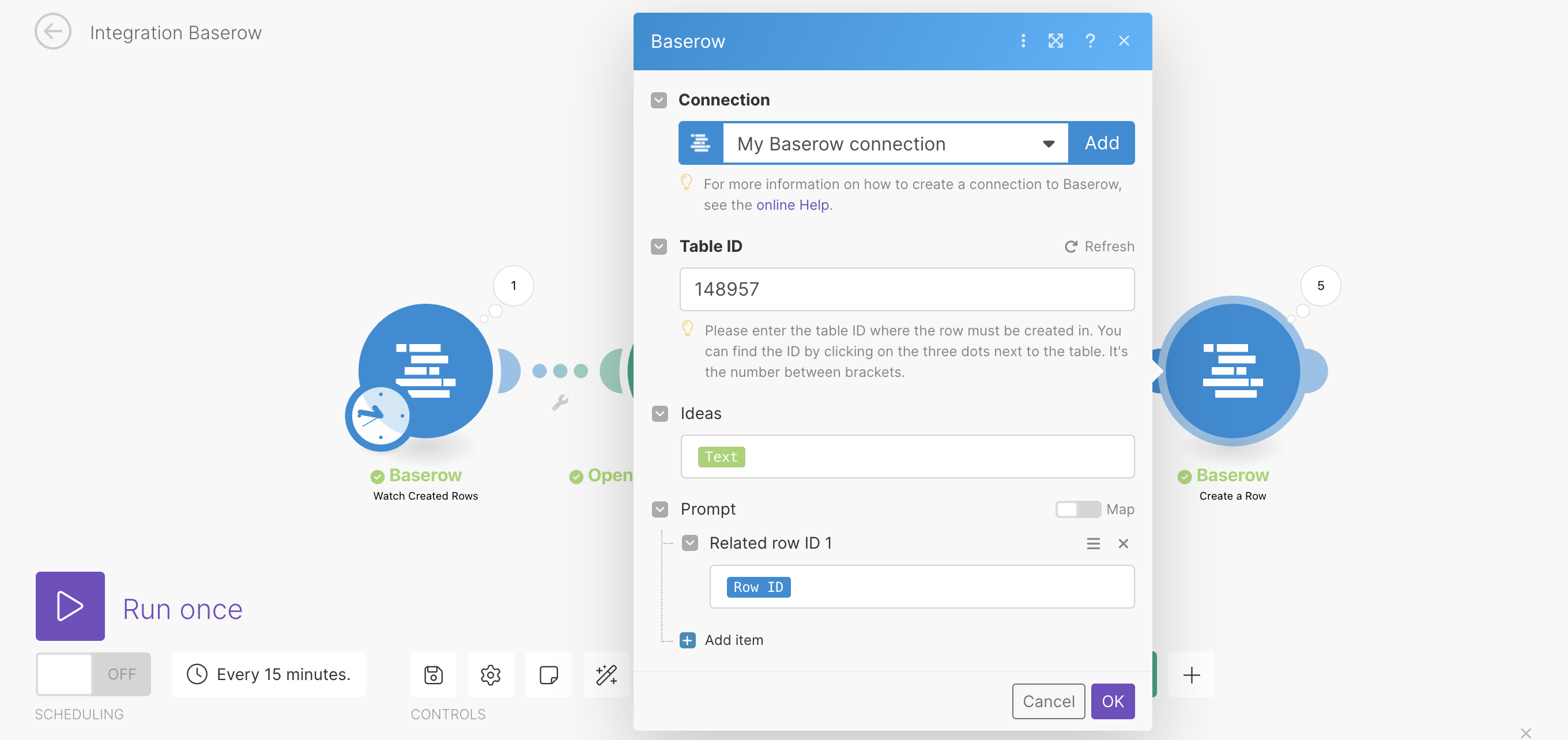 Add the Baserow module to create new rows