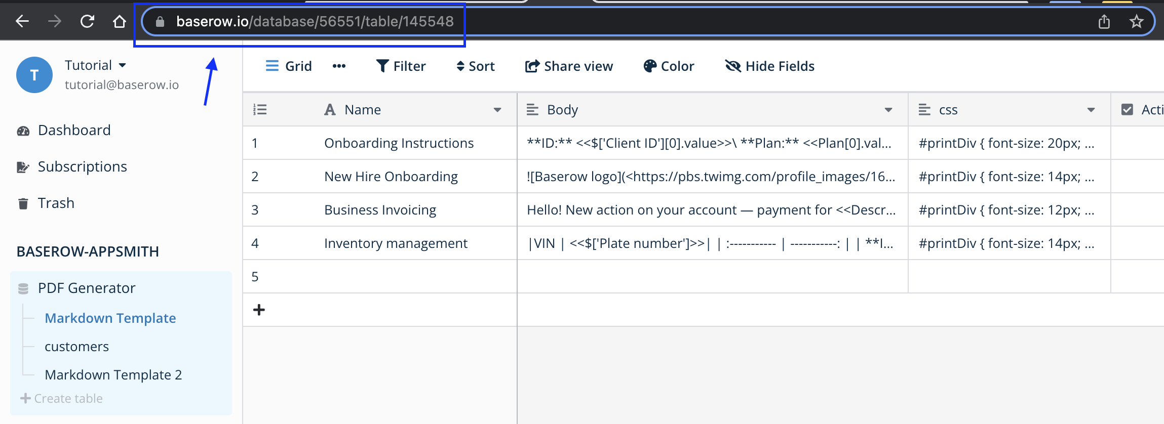 Add Baserow table URL to app settings