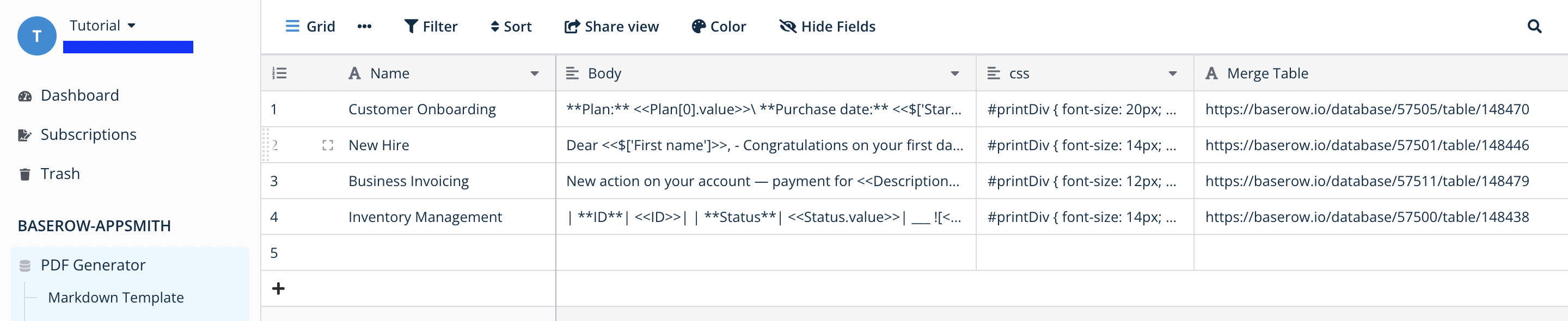 Add databases to the PDF generator list