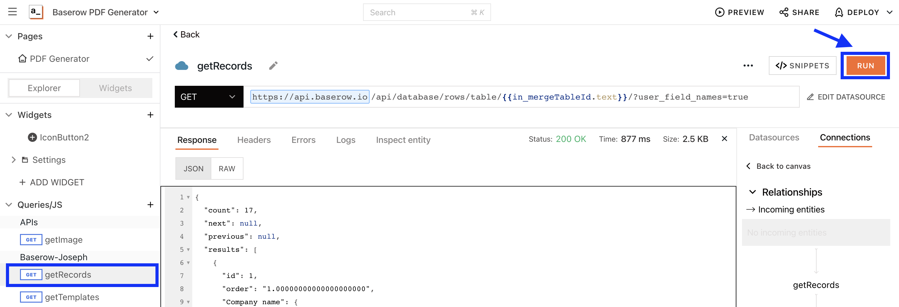Run Appsmith getRecords query