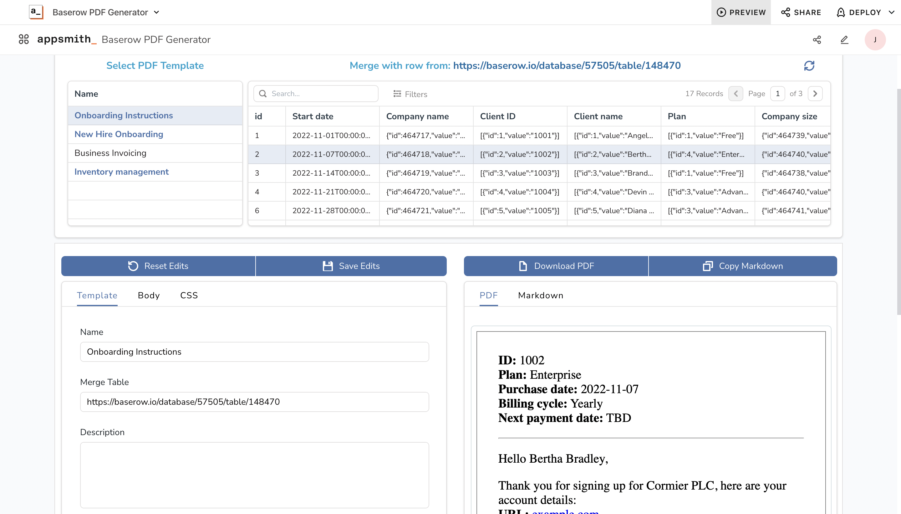 Add Baserow table URL to app settings
