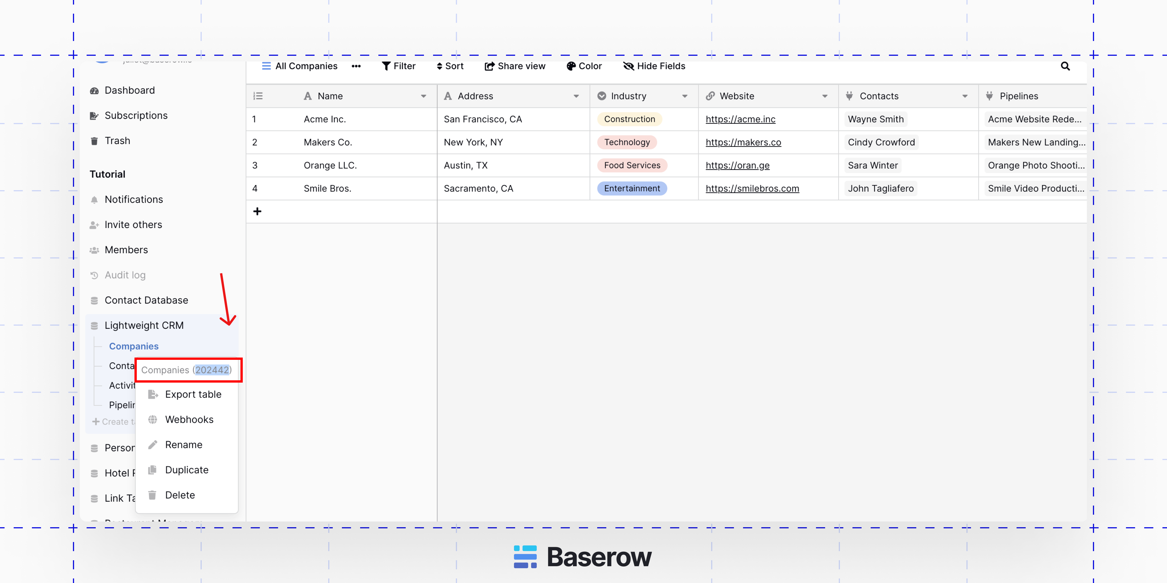 Finding the table ID on Baserow