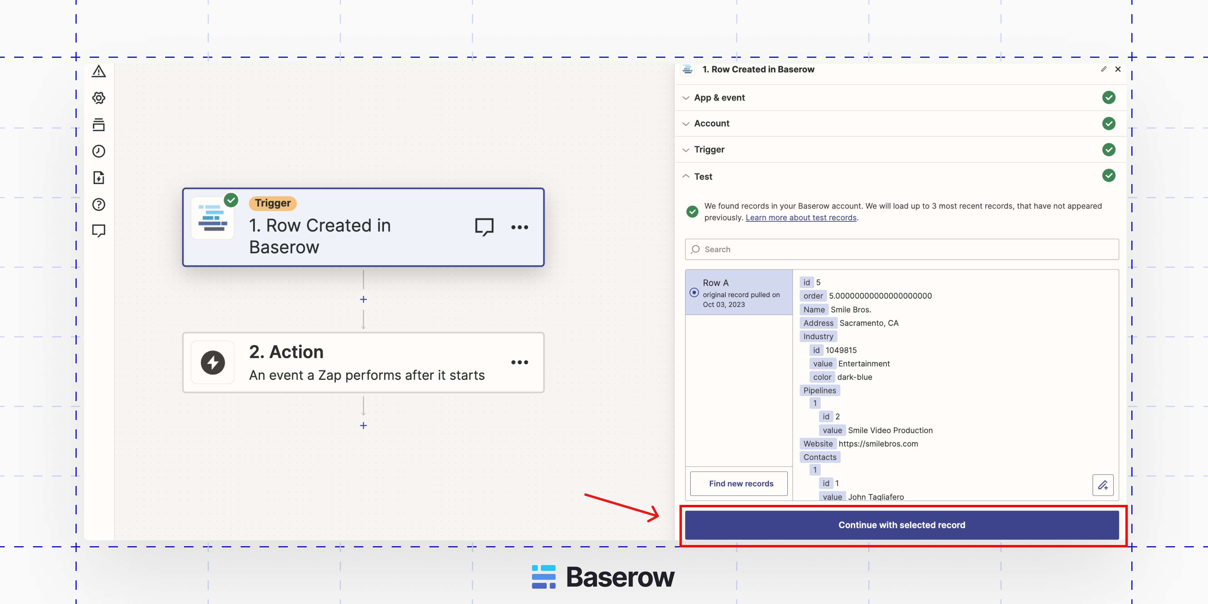 Testing the Baserow trigger on Zapier