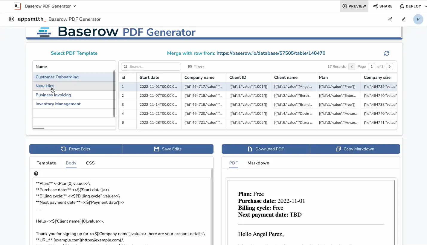 Save or share the generated PDFs with Baserow
