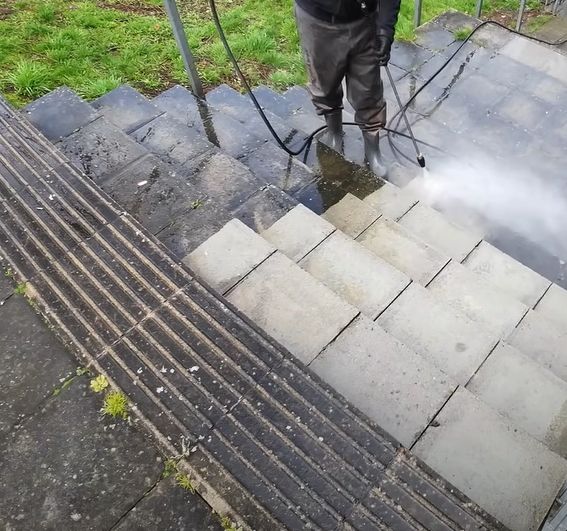 Power Washing your stairs can help beautify your property while removing slippery growth from cement sidewalks.